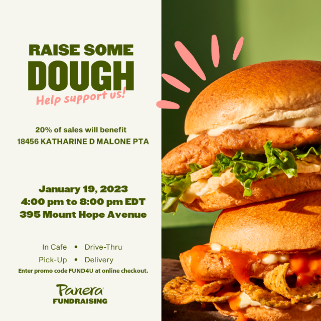 Flyer with a chicken sandwich to promote fundraiser for the KDM PTA On January 19th at Panera Bread