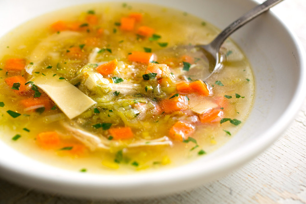 A bowl of chicken noodle soup