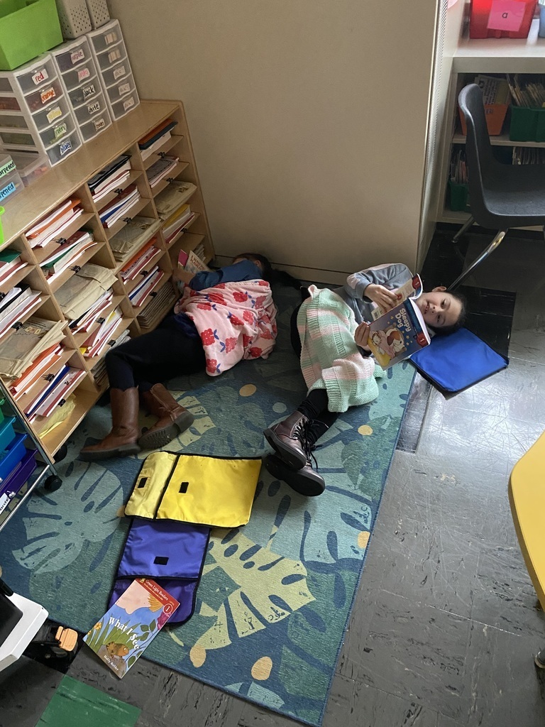 DBO picture of multiple students, laying down on the carpet, sitting on chairs and also with cozy blankets  1st graders sure do enjoy their cozy reading time!!! 