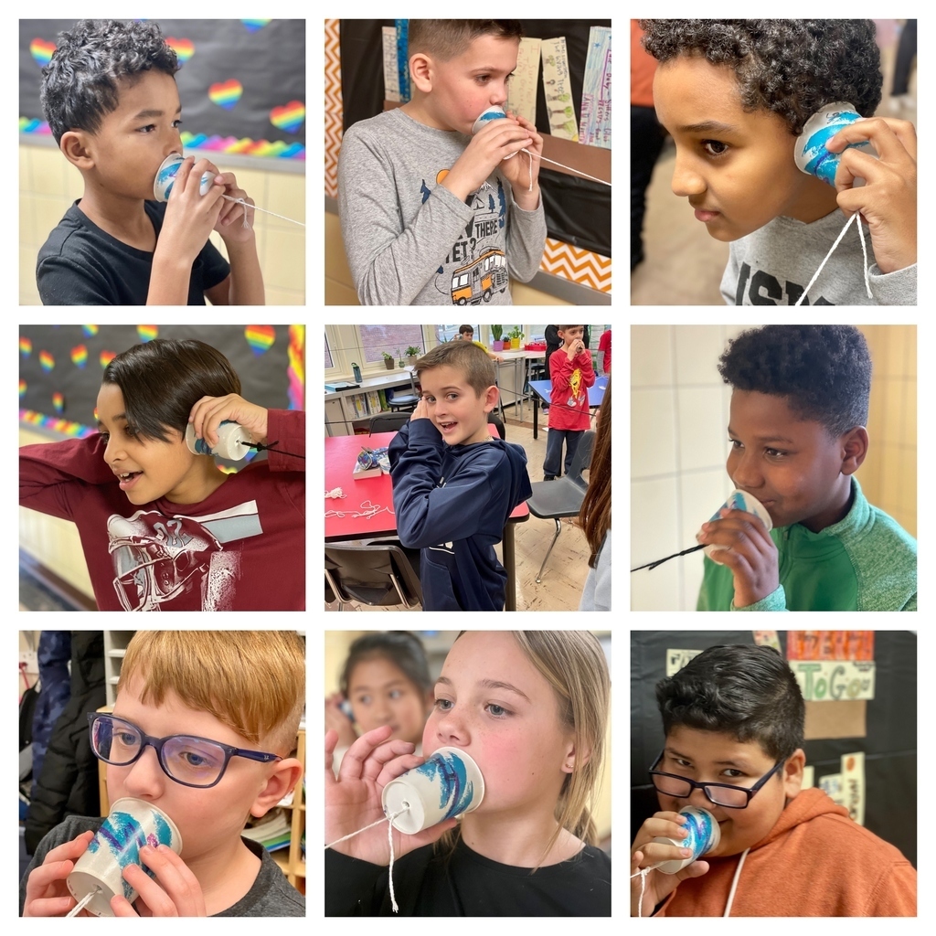 DBO 4th grade scientists created telephones to learn how sound waves travel. 9 students holding a cup through a string to talk to each other 