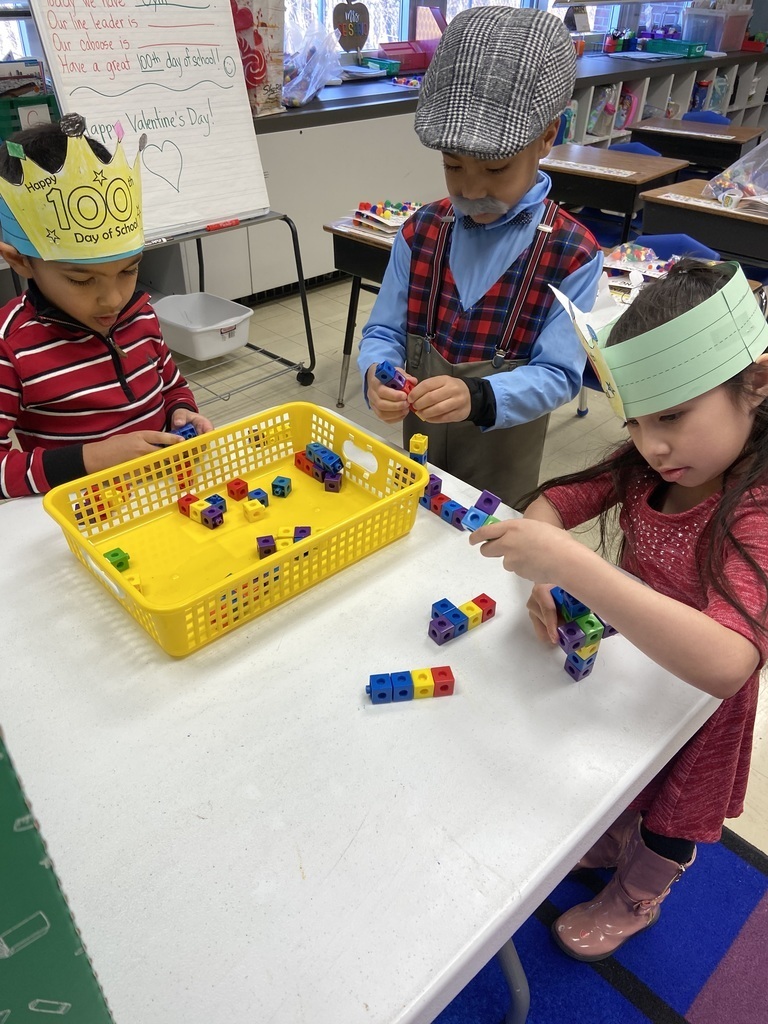 Picture of students at a table  with small building blocks "Exciting day at Birchwood Elementary as Kindergarten students celebrate the 100th day of school by building with 100 pieces during STEM activities! Fostering a love for learning and problem-solving from an early age. #STEM #100thdayofschool #earlylearning #BirchwoodElementary"