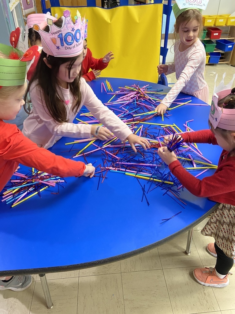 Picture of students at a table  with small straws "Exciting day at Birchwood Elementary as Kindergarten students celebrate the 100th day of school by building with 100 pieces during STEM activities! Fostering a love for learning and problem-solving from an early age. #STEM #100thdayofschool #earlylearning #BirchwoodElementary"