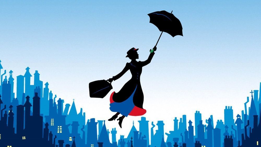 Mary Poppins pictures, flying female with an umbrella and luggage